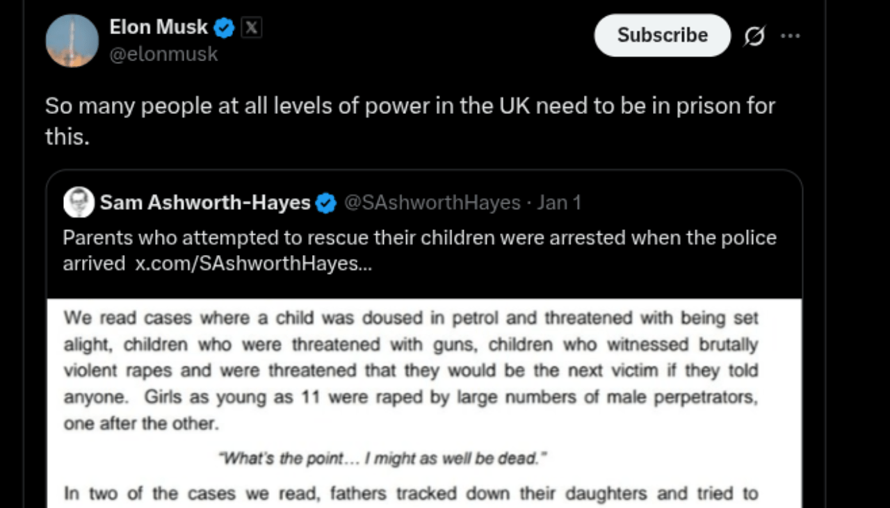 Elon tweets about grooming gang inquiry
